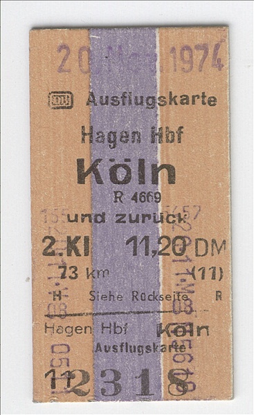Foto:: Rueckfahrkarte / Hagen - Koeln / 20.11.1974 (Foto,Fotos,Bilder,Bild,)