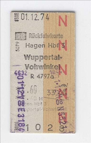 Foto:: Rueckfahrkarte / Hagen - Wuppertal-Vohwinkel / 01.12.1974 (Foto,Fotos,Bilder,Bild,)