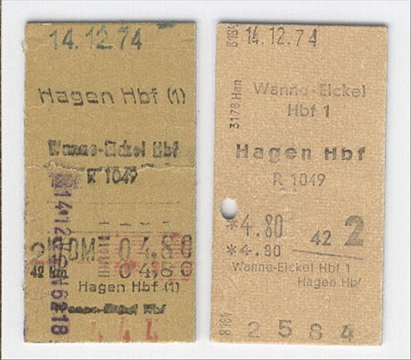 Foto:: Fahrkarten / Hagen Hbf - Wanne-Eickel Hbf + Wanne-Eickel Hbf - Hagen Hbf / 14.12.1974 (Foto,Fotos,Bilder,Bild,)