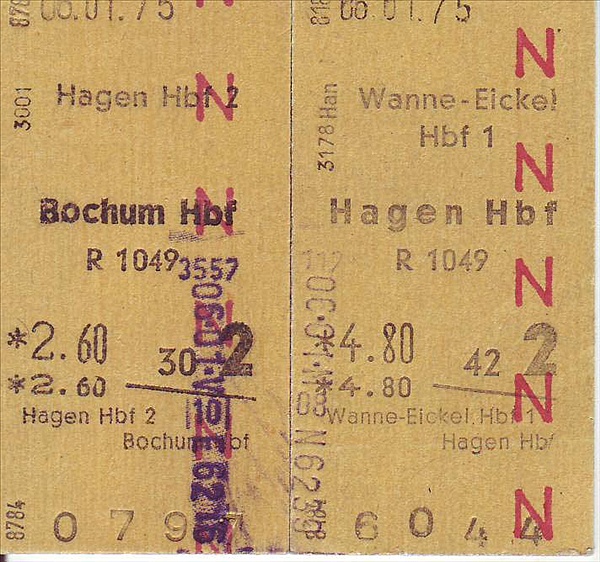 Foto:: Fahrkarten Hagen - Bochum und Wanne-Eickel - Hagen / 06.01.1975 (Foto,Fotos,Bilder,Bild,)