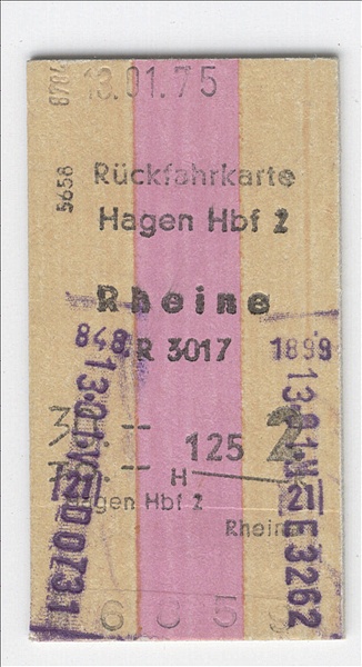 Foto:: Rueckfahrkarte / Hagen Hbf nach Rheine / 13.01.1975 (Foto,Fotos,Bilder,Bild,)