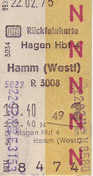 Foto:: Rueckfahrkarte Hagen Hbf - Hamm / 22.01.1975 (Foto,Fotos,Bilder,Bild,)