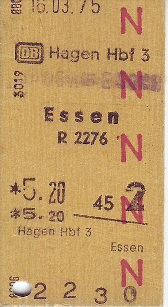 Foto:: Fahrkarte Hagen hbf - Essen / 16.03.1975 (Foto,Fotos,Bilder,Bild,)