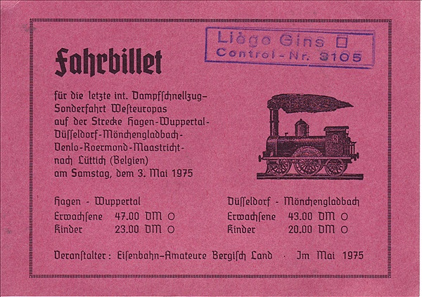 Foto:: Sonderzugfahrkarte / Hagen - Luettich / 03.05.1975 (Foto,Fotos,Bilder,Bild,)