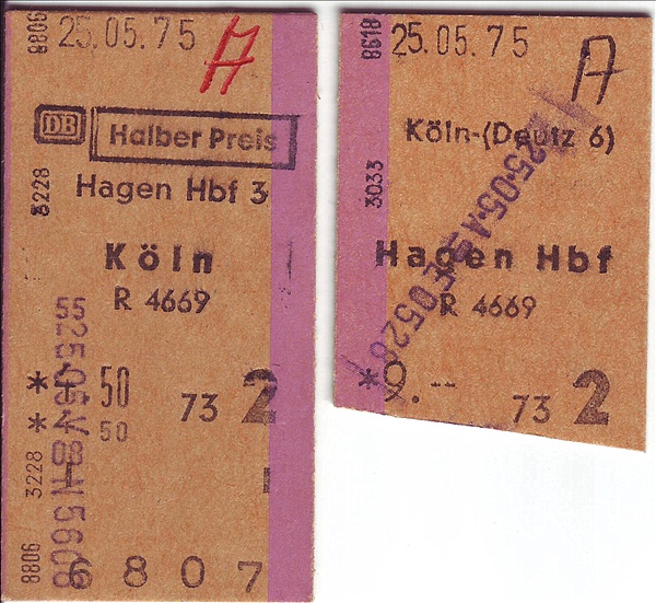 Foto:: Fahrkarten / Hagen Hbf - Koeln, Koeln-Deutz - Hagen Hbf / 25.05.1975 (Foto,Fotos,Bilder,Bild,)