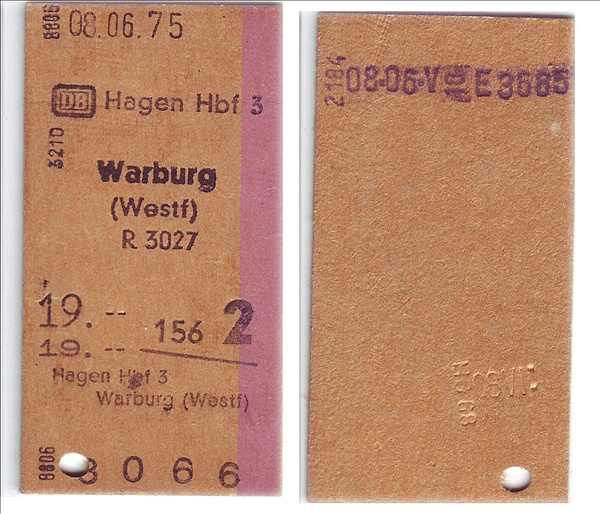 Foto:: Fahrkarte / Hagen Hbf - Warburg / 08.06.1975 (Foto,Fotos,Bilder,Bild,)