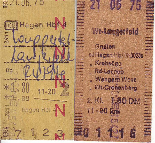 Foto:: Fahrkarten Hagen Hbf - Wuppertal-Langerfeld und zurueck / 21.06.1975 (Foto,Fotos,Bilder,Bild,)