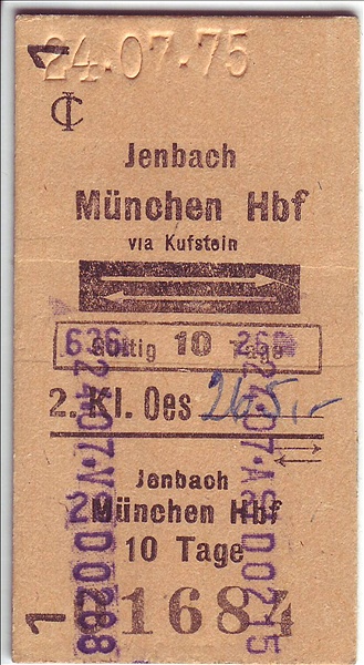 Foto:: Fahrkarte / Jenbach - Muenchen Hbf / 24.07.1975 (Foto,Fotos,Bilder,Bild,)