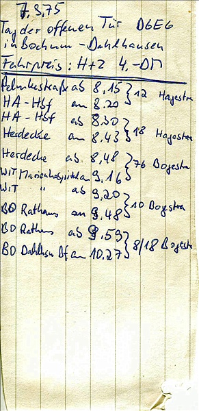 Foto:: Handnotiz zur Anreise in Museum BO-Dahlhausen / 07.09.1975 (Foto,Fotos,Bilder,Bild,)