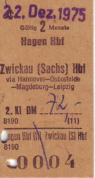 Foto:: Fahrkarte Hagen Hbf - Zwickau Hbf / 22.12.1975 (Foto,Fotos,Bilder,Bild,)
