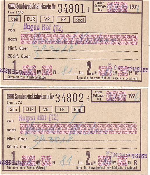 Foto:: Rückfahrkarte Hagen Hbf - Voerde / 28.02.1976 (Foto,Fotos,Bilder,Bild,)