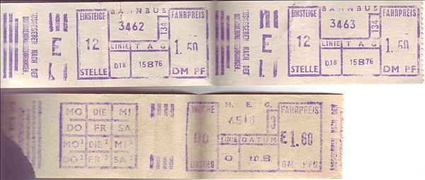 Foto:: Bahnbusfahrkarte und Fahrkarte der M.E.G. / 10.08.1976 (Foto,Fotos,Bilder,Bild,)