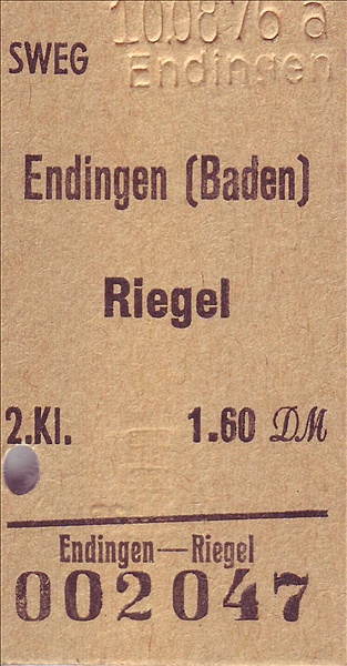 Foto:: SWEG Fahrkarte Endingen - Riegel / 10.08.1976 (Foto,Fotos,Bilder,Bild,)