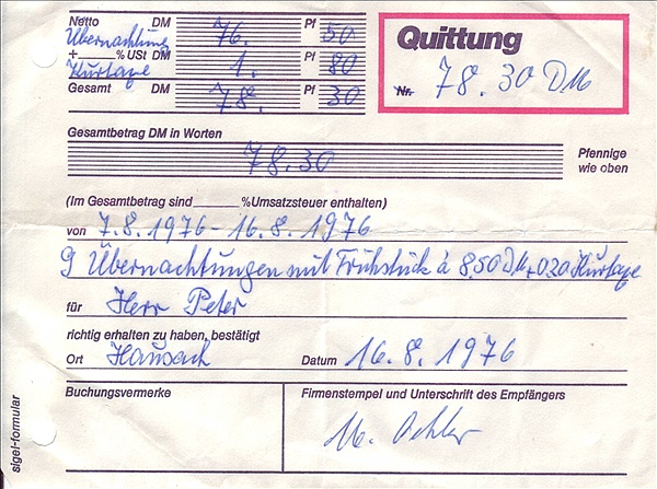 Foto:: Uebernachtungsquittung Hausach / 15.08.1976 (Foto,Fotos,Bilder,Bild,)