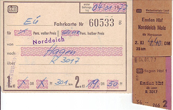 Foto:: Fahrkarten Hagen Hbf - Emden - Norddeich / 04.01.1977 (Foto,Fotos,Bilder,Bild,)
