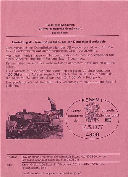 Foto:: Informationsblatt Sonderstempel zum Dampflokabschied bei der DB / 14. + 15.05.1977 (Foto,Fotos,Bilder,Bild,)
