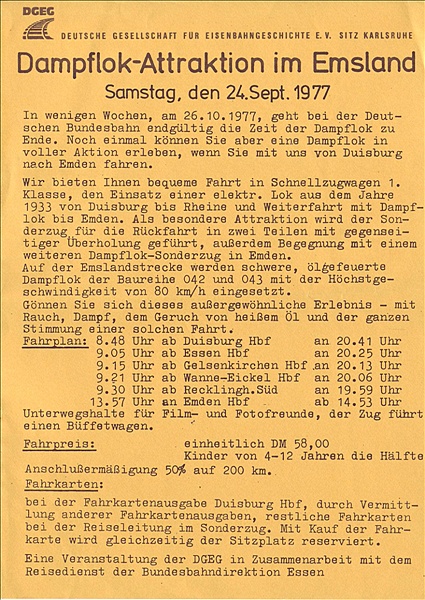 Foto:: Plakat Fampfsonderfahrt Duisburg - Emden / 24.09.1977 (Foto,Fotos,Bilder,Bild,)