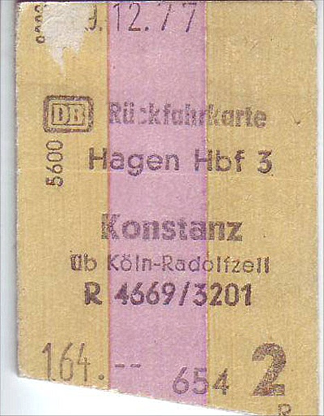 Foto:: Fahrkarte / Hagen - Konstanz / 25.12.1977 (Foto,Fotos,Bilder,Bild,)