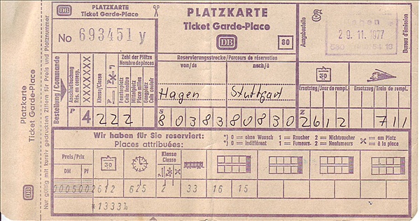 Foto:: PLatzkarte / Hagen Hbf - Stuttgart Hbf / 26.12.1977 (Foto,Fotos,Bilder,Bild,)