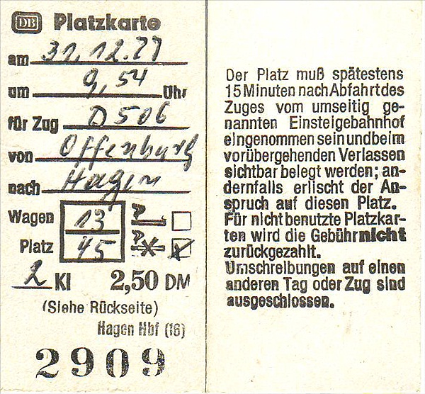 Foto:: Platzkarte Offenburg - Hagen / 31.12.1977 (Foto,Fotos,Bilder,Bild,)