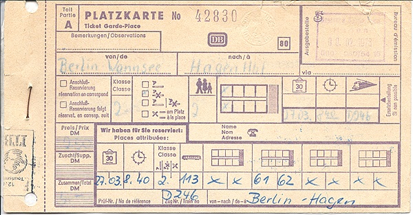 Foto:: Platzkarte / Berlin - Hagen / 27.03.1978 (Foto,Fotos,Bilder,Bild,)