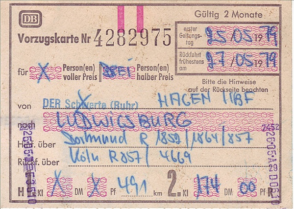 Foto:: Fahrkarte / Hagen - Ludwigsburg / 25.05.1979 (Foto,Fotos,Bilder,Bild,)