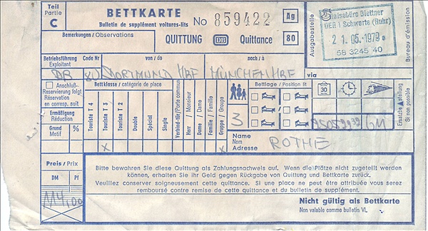 Foto:: Bettkarte / Dortmund - Muenchen / 25.05.1979 (Foto,Fotos,Bilder,Bild,)