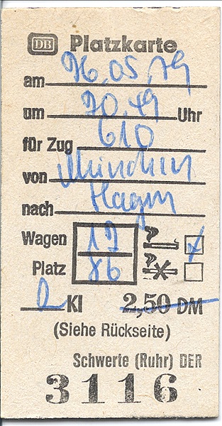 Foto:: Platzkarte / Muenchen - Hagen / 26.05.1979 (Foto,Fotos,Bilder,Bild,)