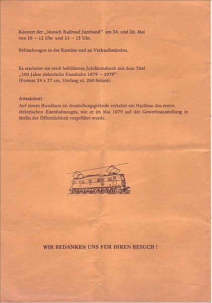 Foto:: Ubersichtsblatt 100 Jahre elektrische Eisenbahn / Muenchen / 26.05.1979 (Foto,Fotos,Bilder,Bild,)