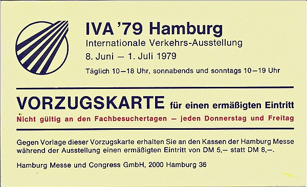 Foto:: IVA 1979 Eintrittskarte / Hamburg / 24.06.1979 (Foto,Fotos,Bilder,Bild,)