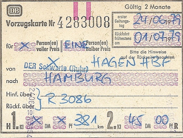 Foto:: Rueckfahrkarte / Hagen - Hamburg / 24.06.1979 (Foto,Fotos,Bilder,Bild,)