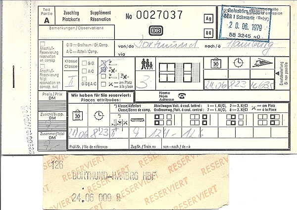 Foto:: Zuschlag und Platzkarte / Dortmund - Hamburg / 24.06.1979 (Foto,Fotos,Bilder,Bild,)