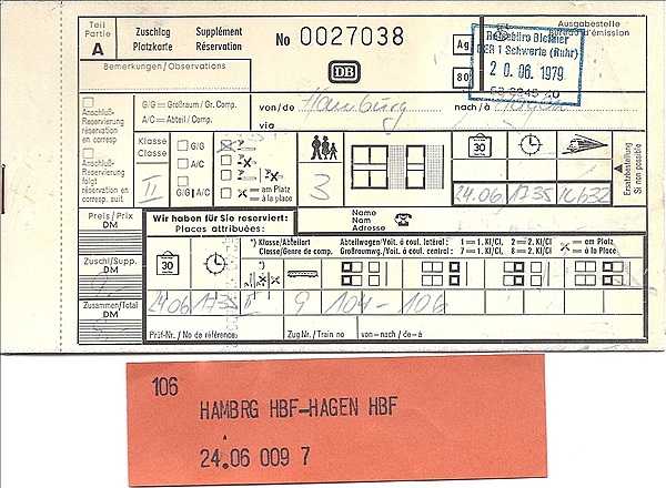 Foto:: Zuschlag + Platzkarte / Hamburg - Hagen / 24.06.1979 (Foto,Fotos,Bilder,Bild,)
