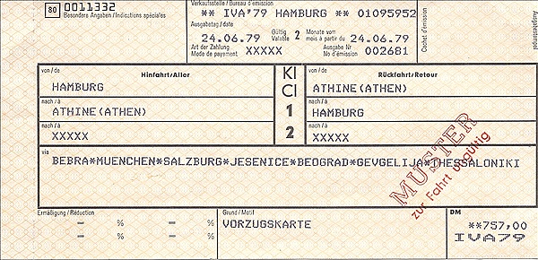 Foto:: Musterfahrkarte / Hamburg - Athen / 24.06.1979 (Foto,Fotos,Bilder,Bild,)