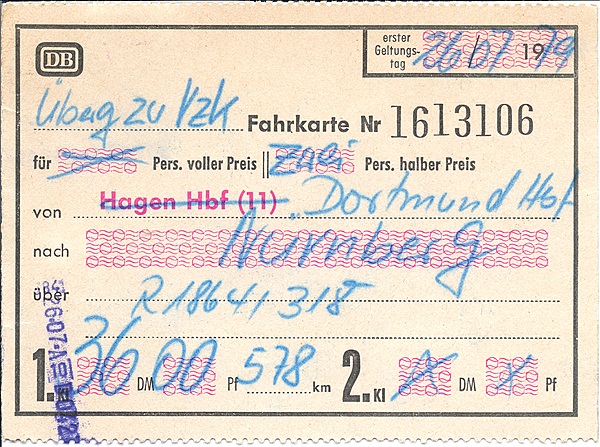 Foto:: 1. Klasse Uebergangskarte / Hagen / 26.07.1979 (Foto,Fotos,Bilder,Bild,)