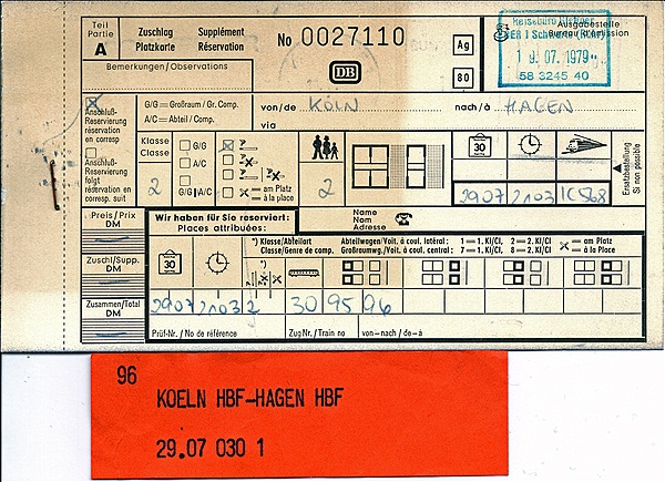 Foto:: Platzkarte / Koeln - Hagen / 29.07.1979 (Foto,Fotos,Bilder,Bild,)