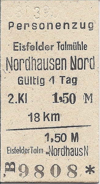Foto:: Fahrkarte Eisfelder Talmuehle - Nordhausen / 03.03.1990 (Foto,Fotos,Bilder,Bild,)