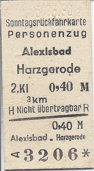 Foto:: Fahrkarte Alexisbad nach Harzgerode / 03.03.1990 (Foto,Fotos,Bilder,Bild,)
