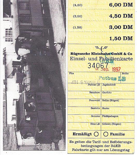 Foto:: Fahrkarte / Putbus / 20.09.1997 (Foto,Fotos,Bilder,Bild,)