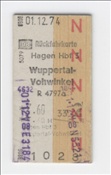 ID: 209: Rueckfahrkarte / Hagen - Wuppertal-Vohwinkel / 01.12.1974