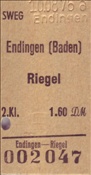 ID: 209: SWEG Fahrkarte Endingen - Riegel / 10.08.1976